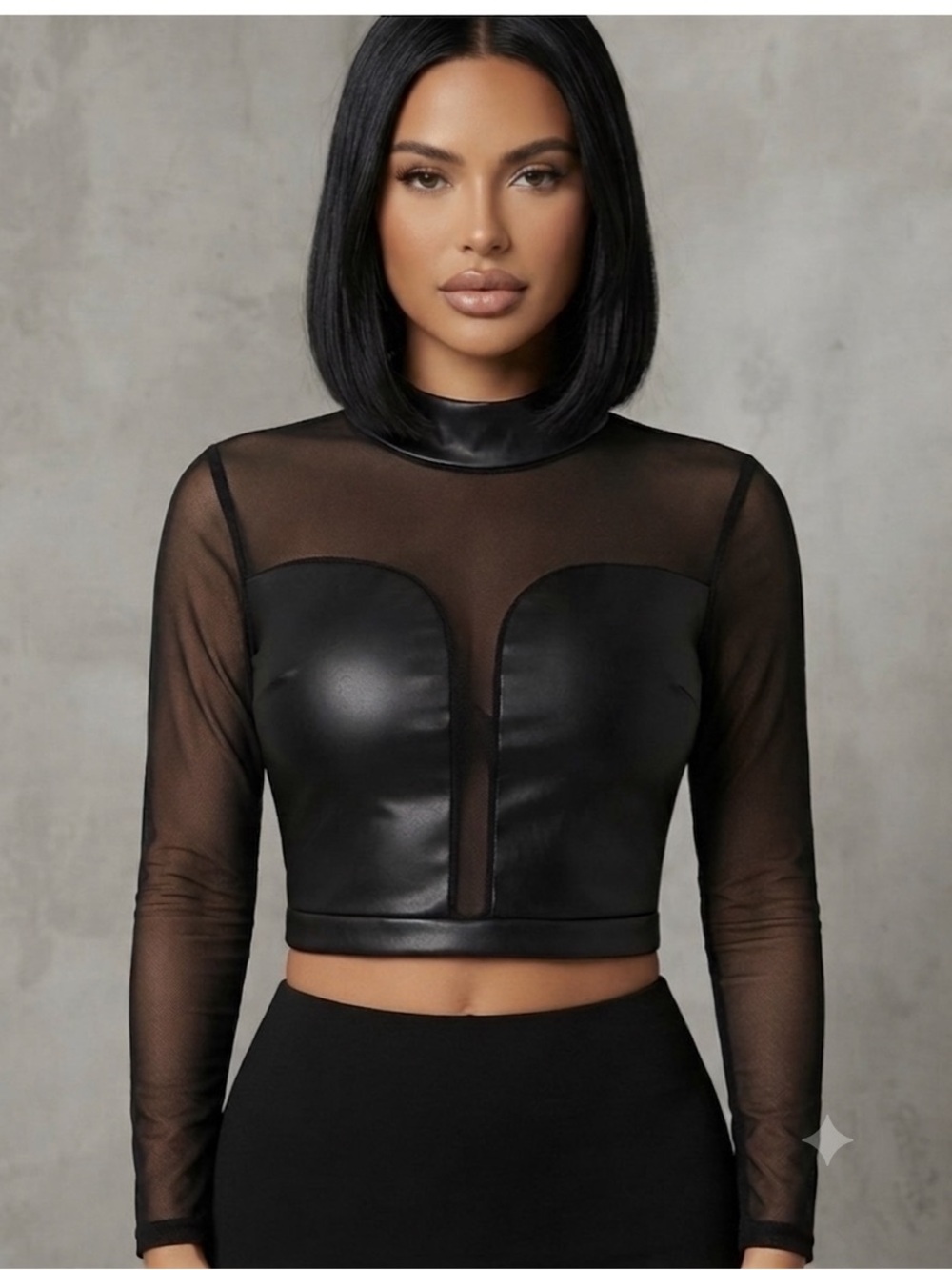 Auditions Fashion Faux
Leather & Mesh Mock Neck
Crop Top